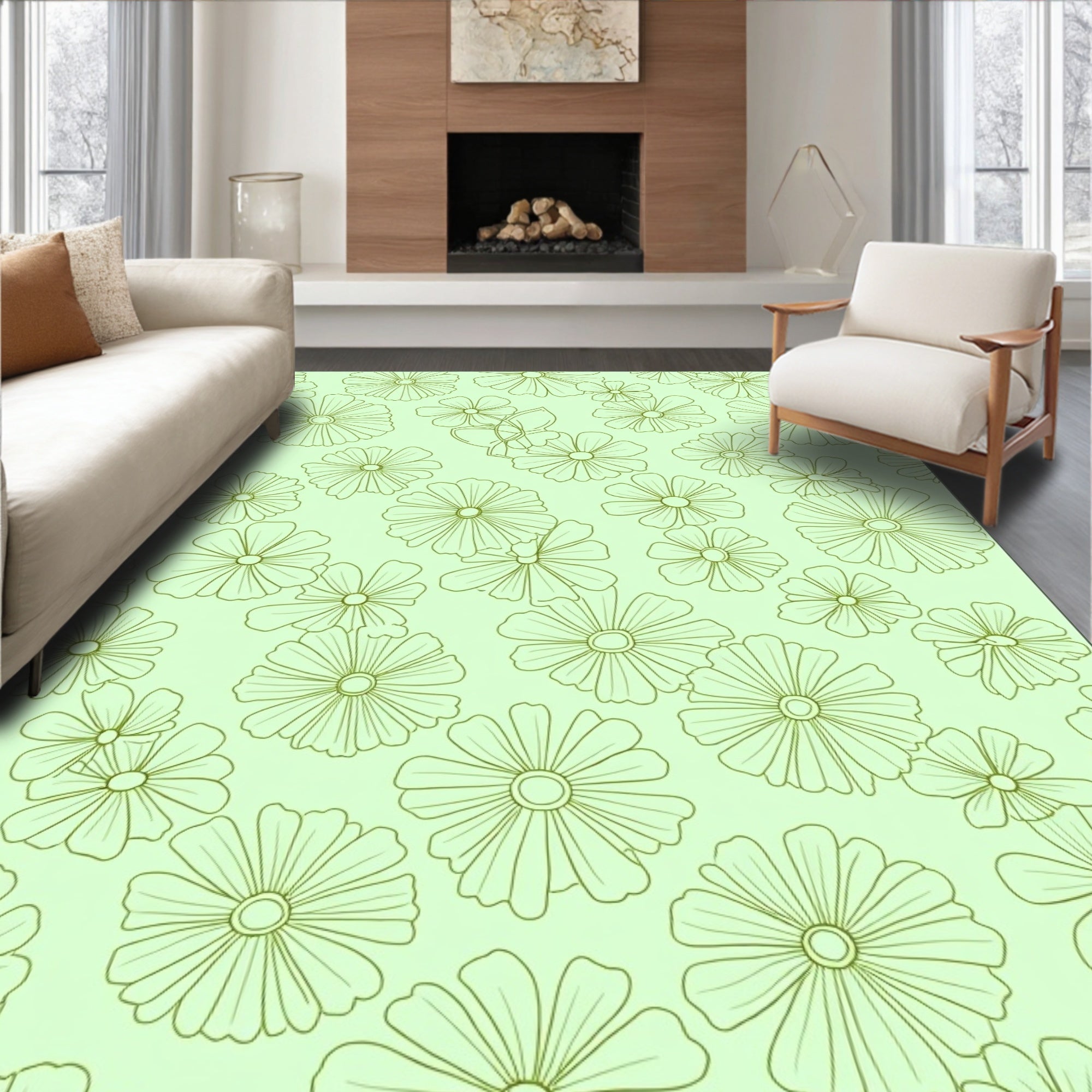 Pale Green Outline Daisy Field Rug