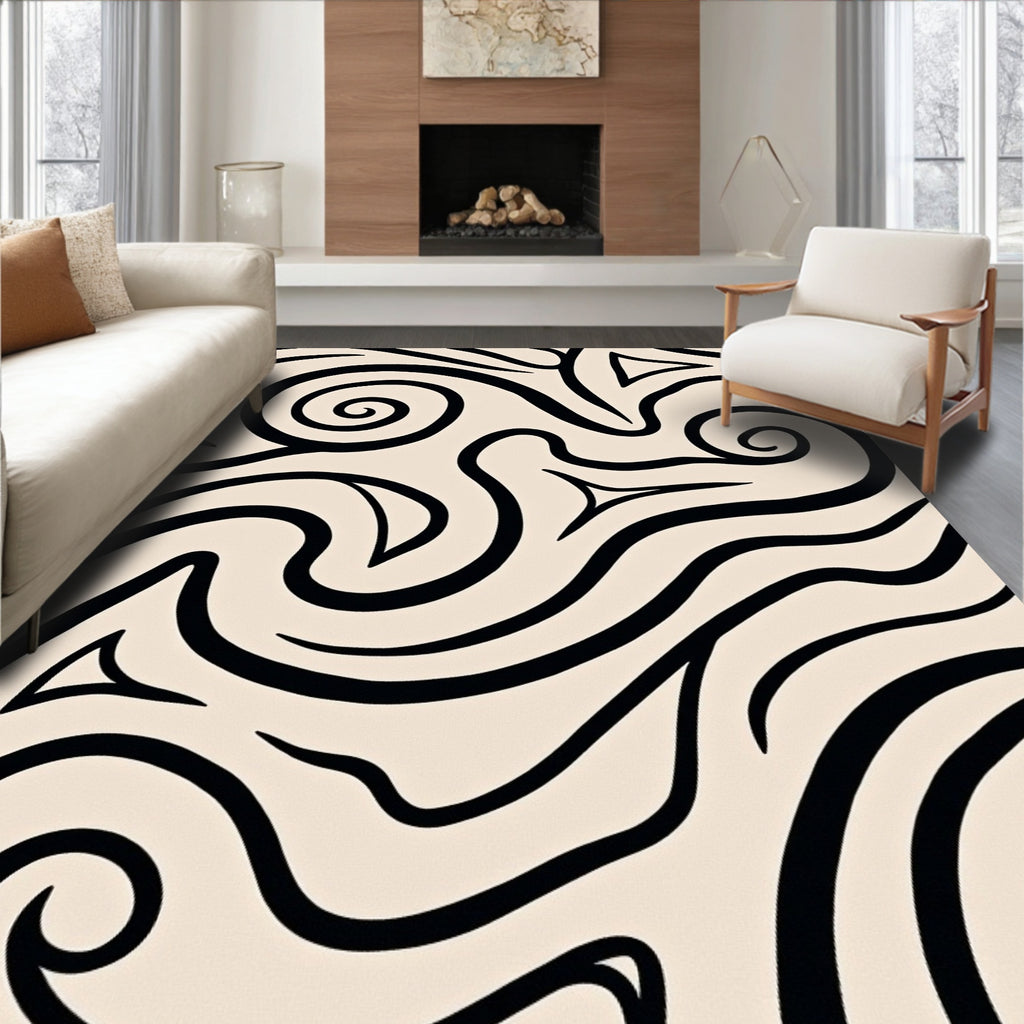 Cream Black Swirling Abstract Organic Rug