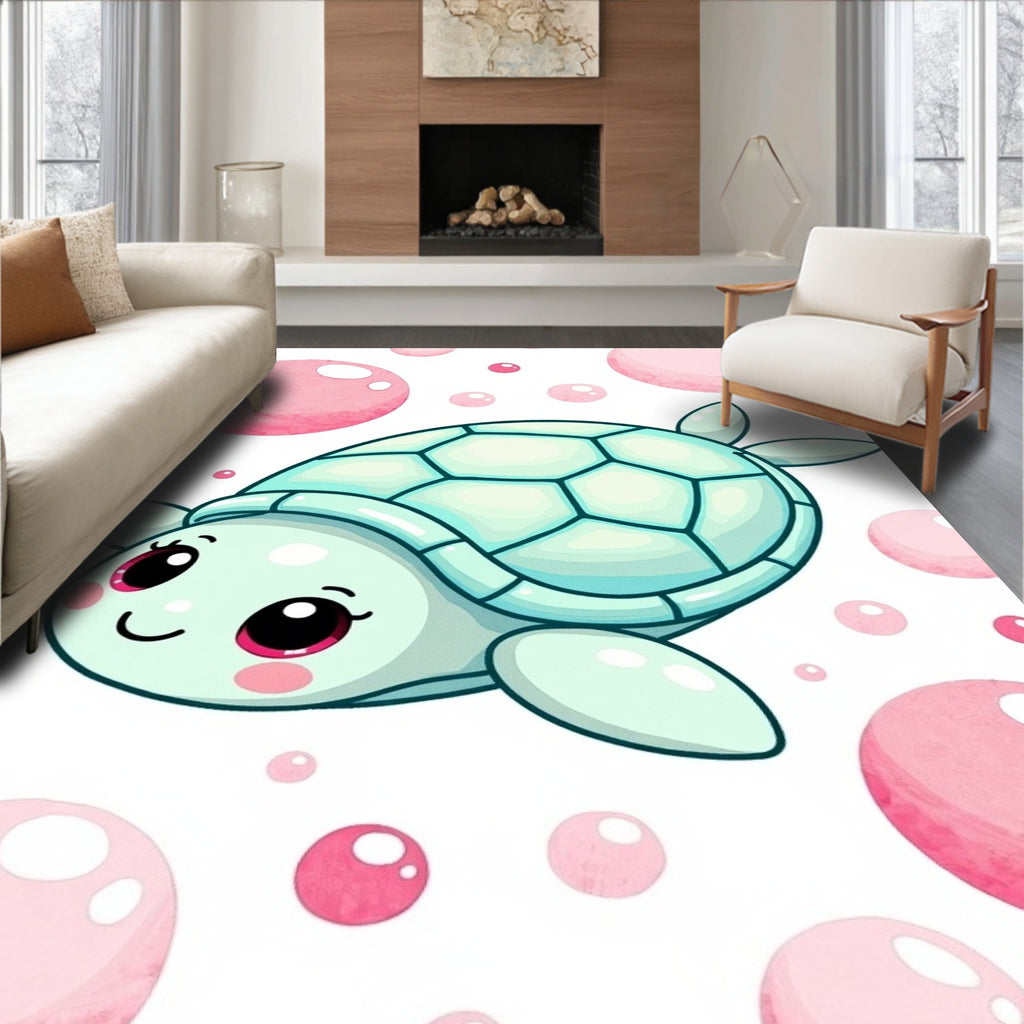 Kawaii Teal Turtle Pink Bubbles Rug