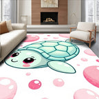 Kawaii Teal Turtle Pink Bubbles Rug