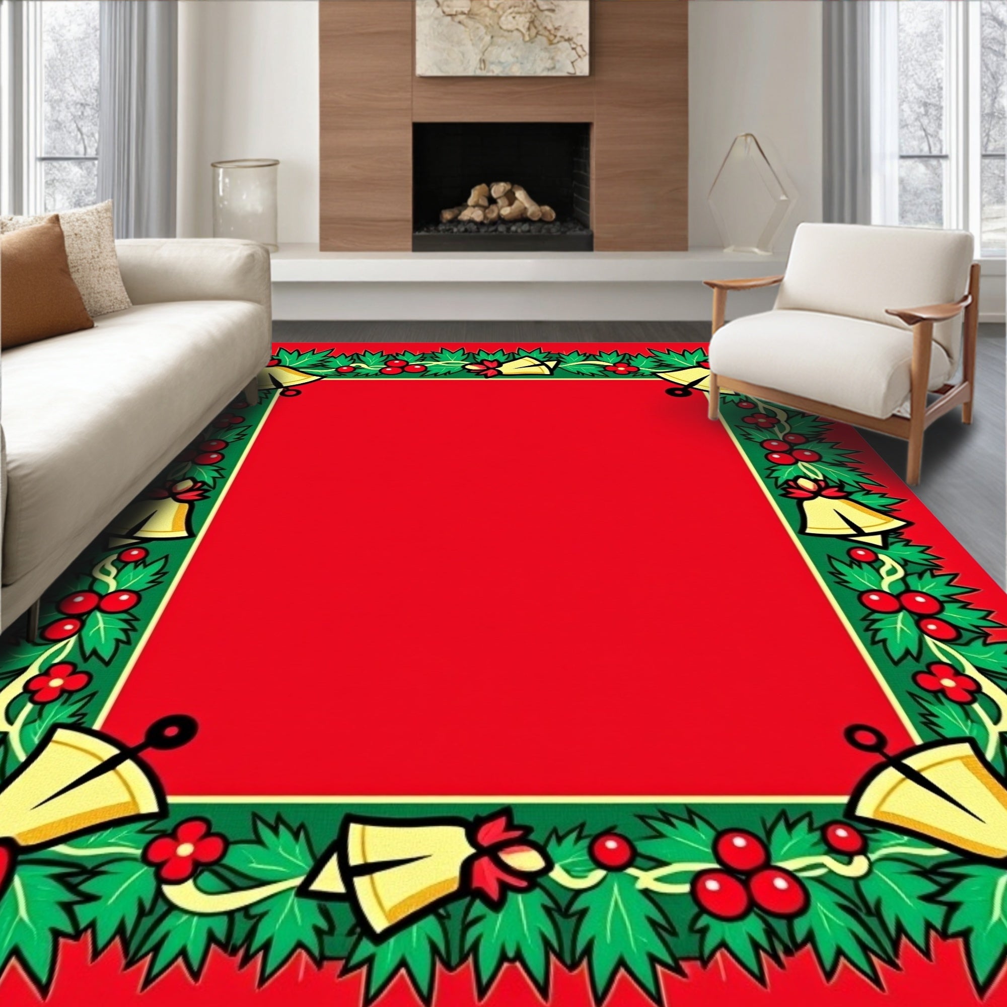 Festive Holiday Bells Holly Garland Rug