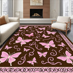 Pink Butterflies Swirls Brown Field Rug