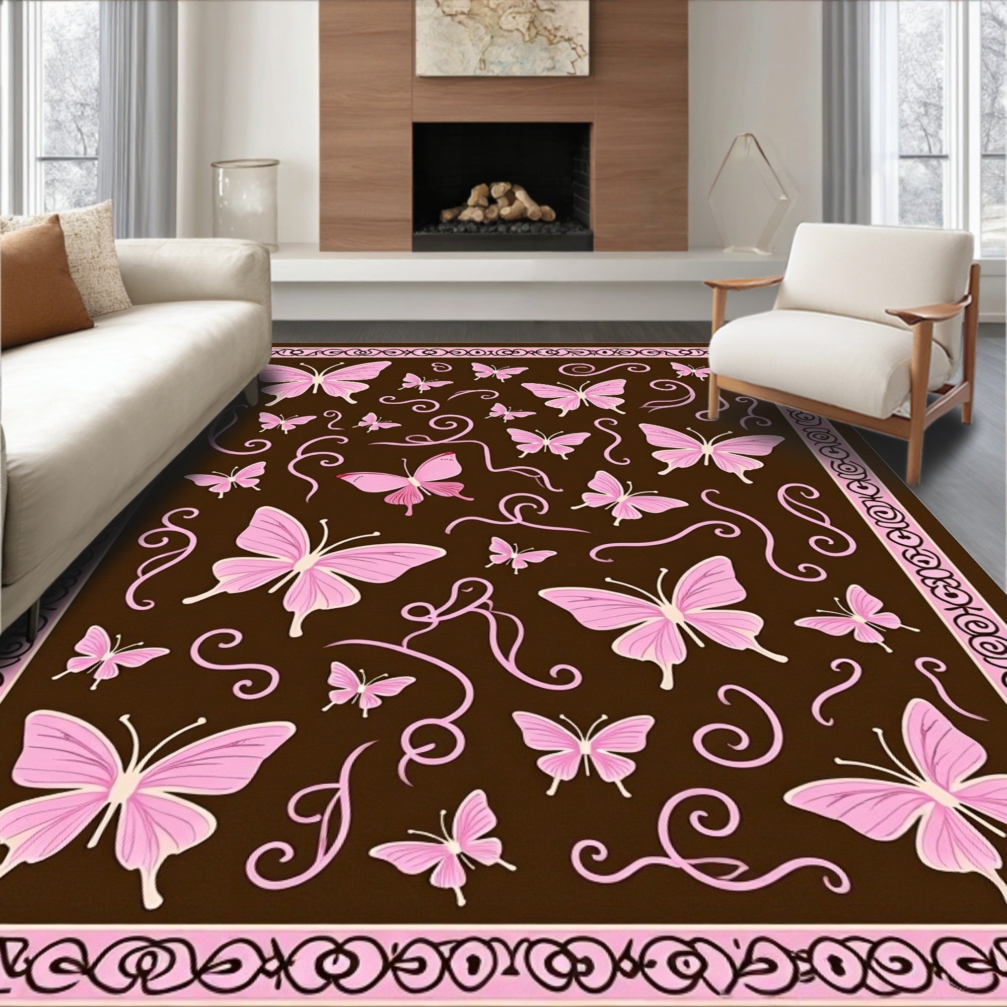 Pink Butterflies Swirls Brown Field Rug
