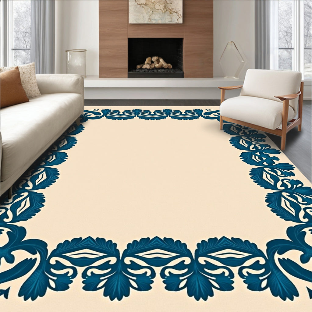 Deep Teal Floral Border Cream Rug
