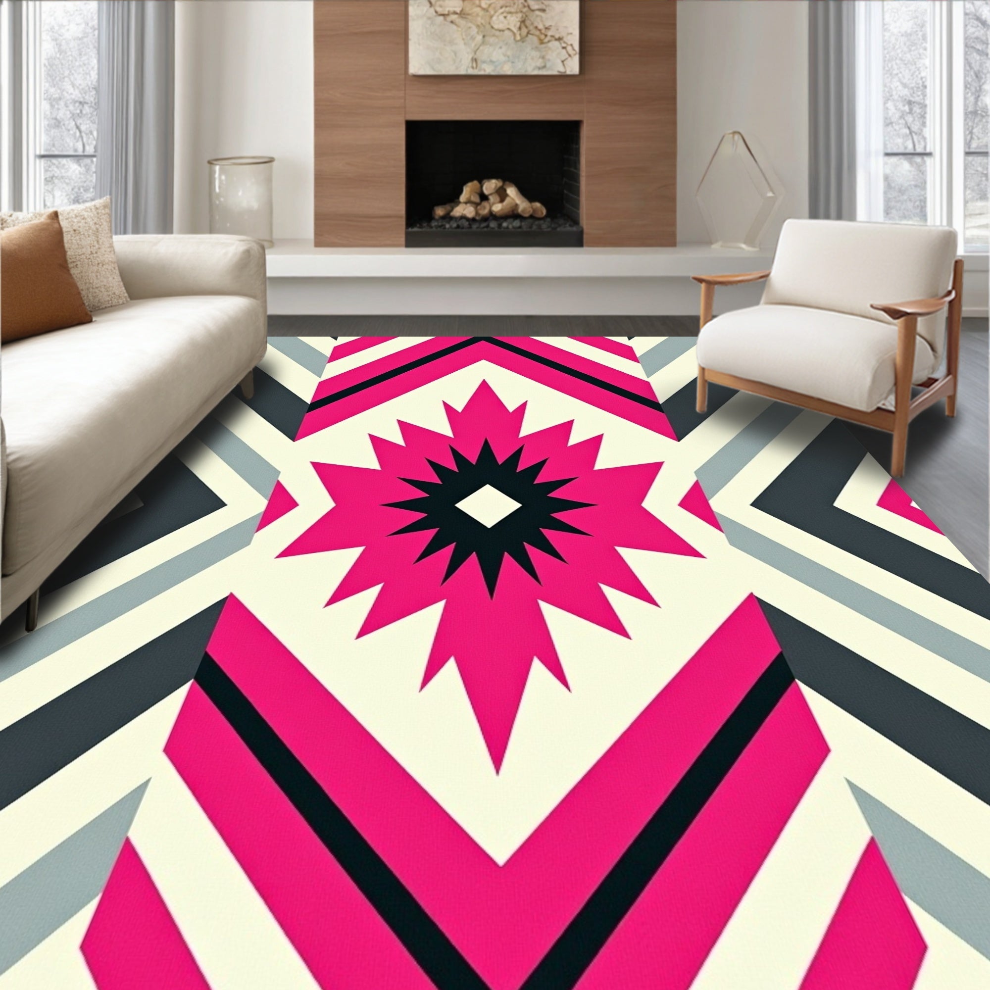 Vivid Pink Geometric Starburst Rug