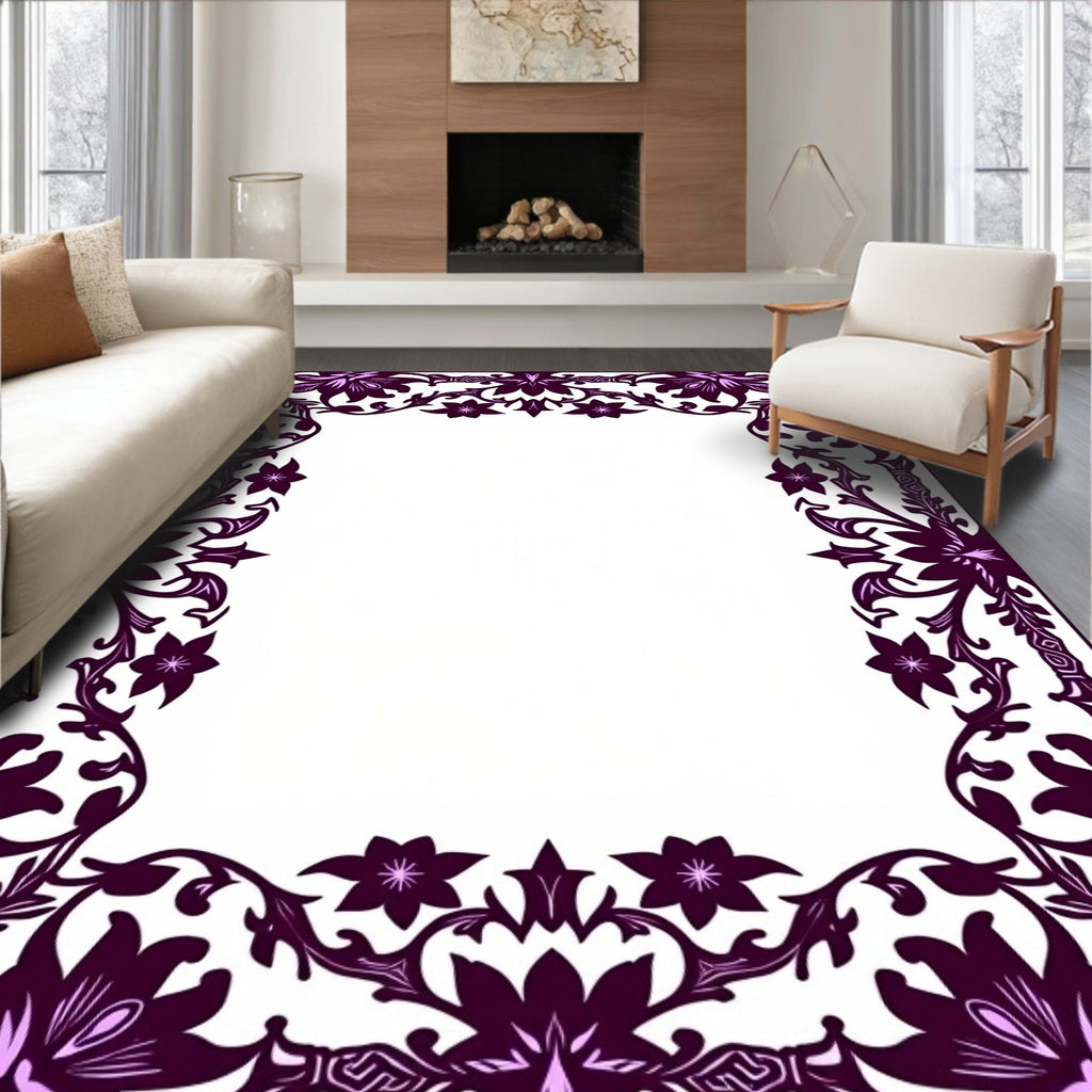 Rich Plum Floral Border Detail Rug