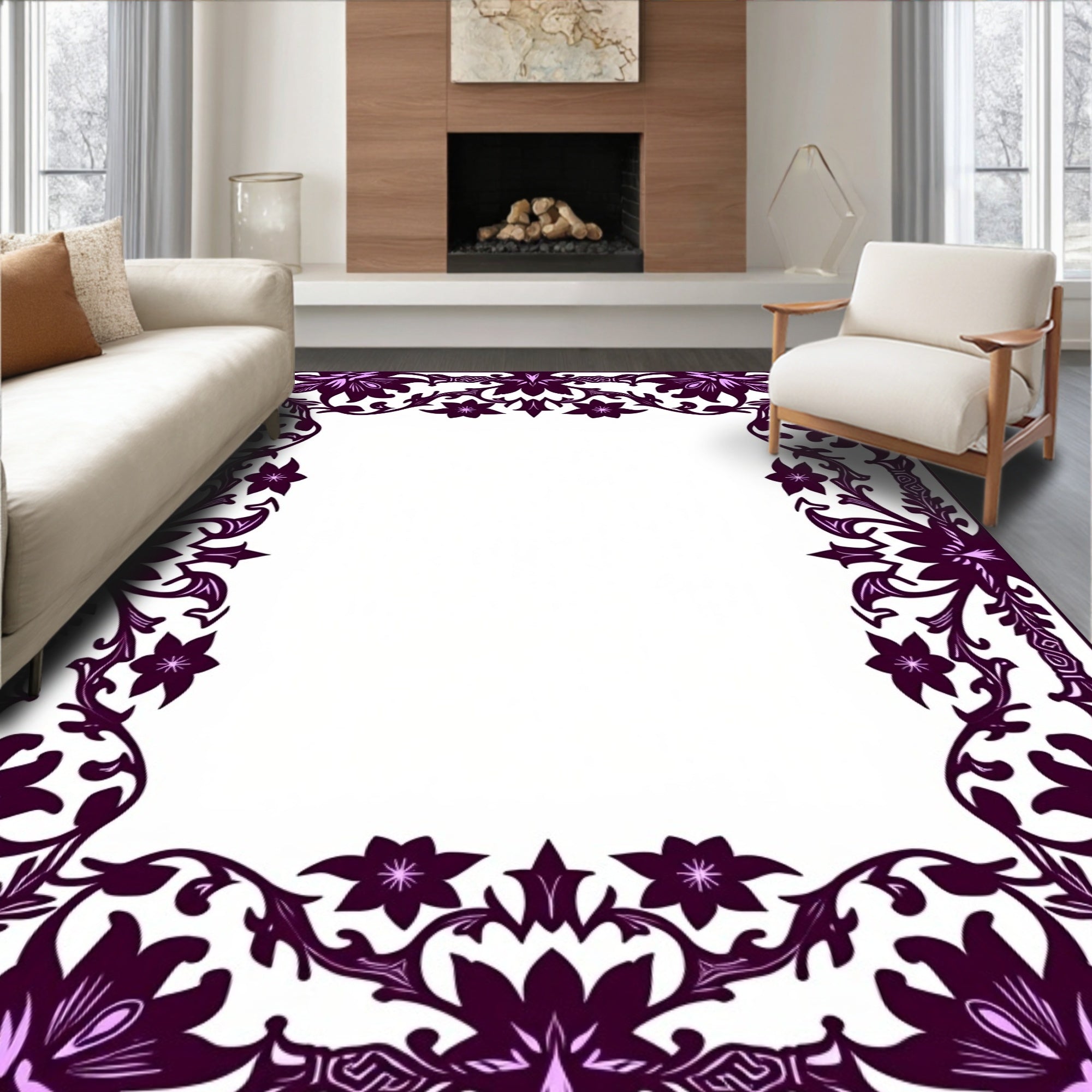 Rich Plum Floral Border Detail Rug
