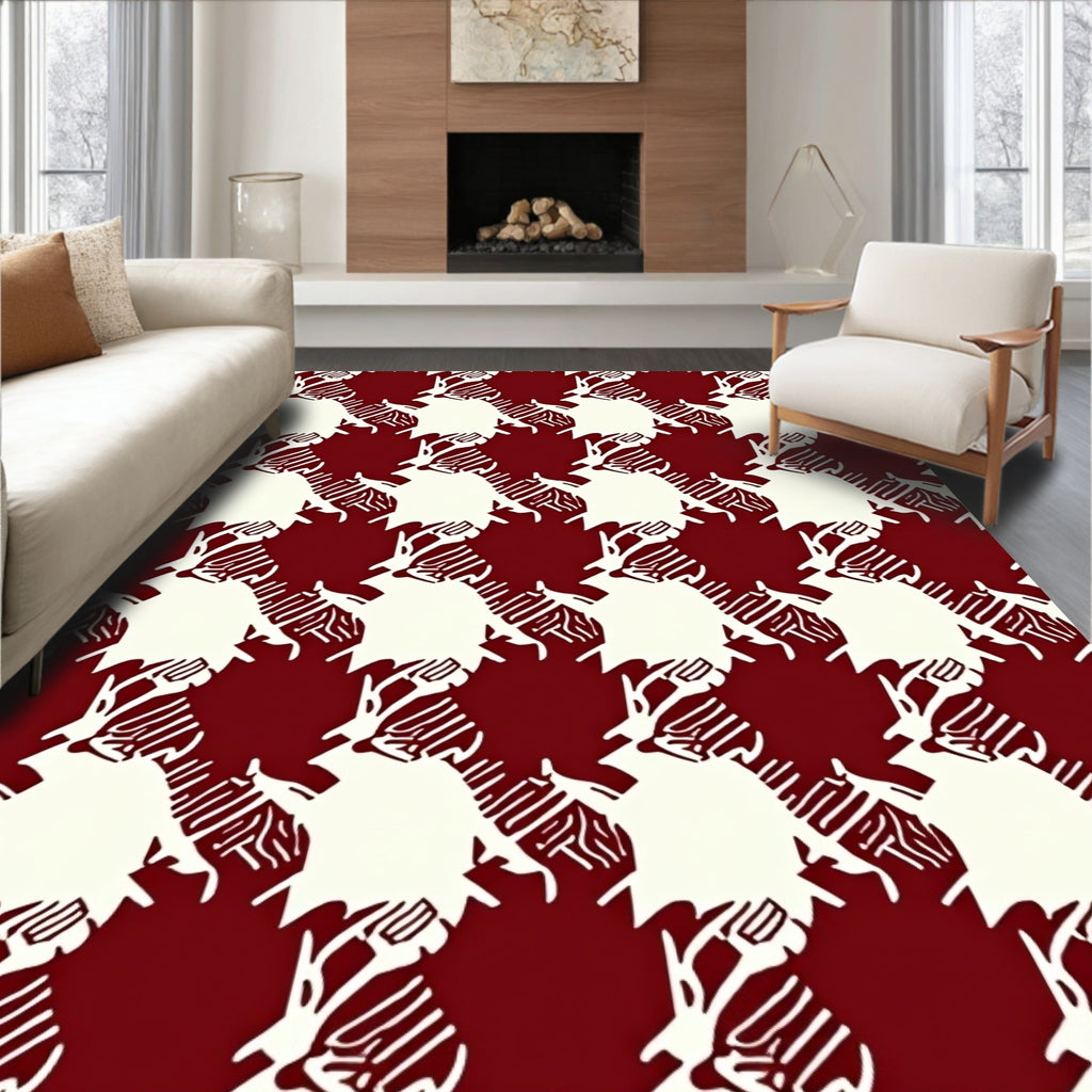 Deep Red Ivory Houndstooth Tree Branch Rug