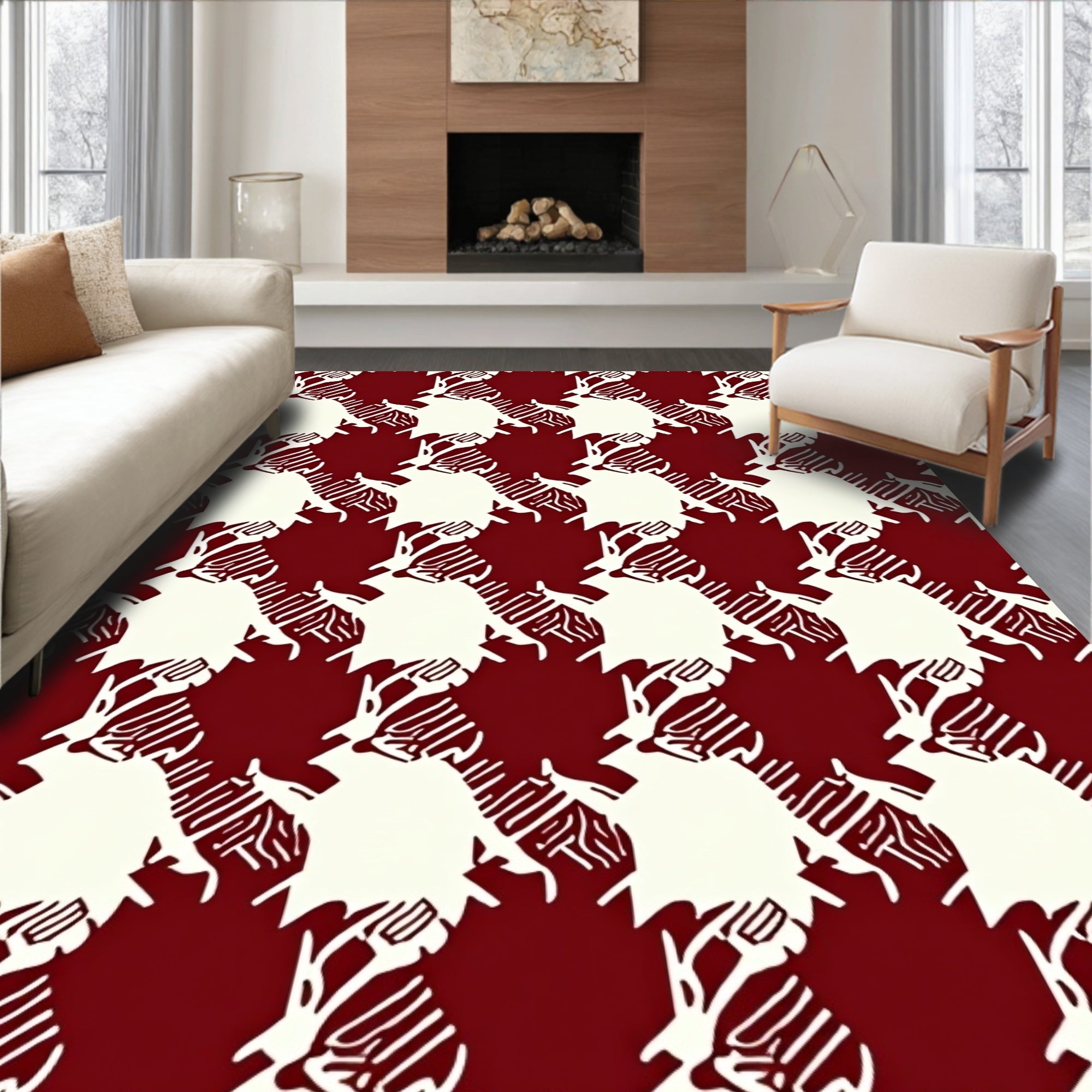 Deep Red Ivory Houndstooth Tree Branch Rug