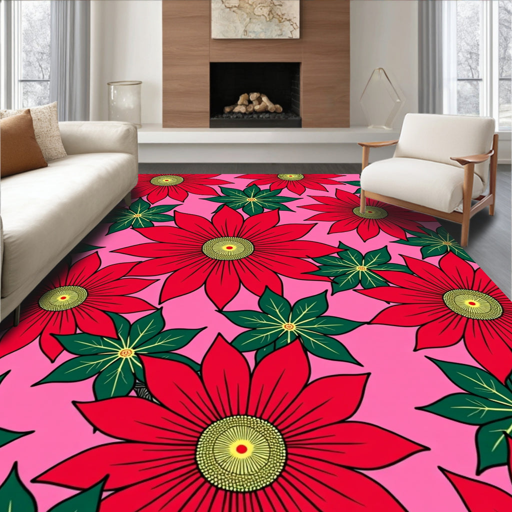 Pop Art Red Daisy Floral Pink Background Rug