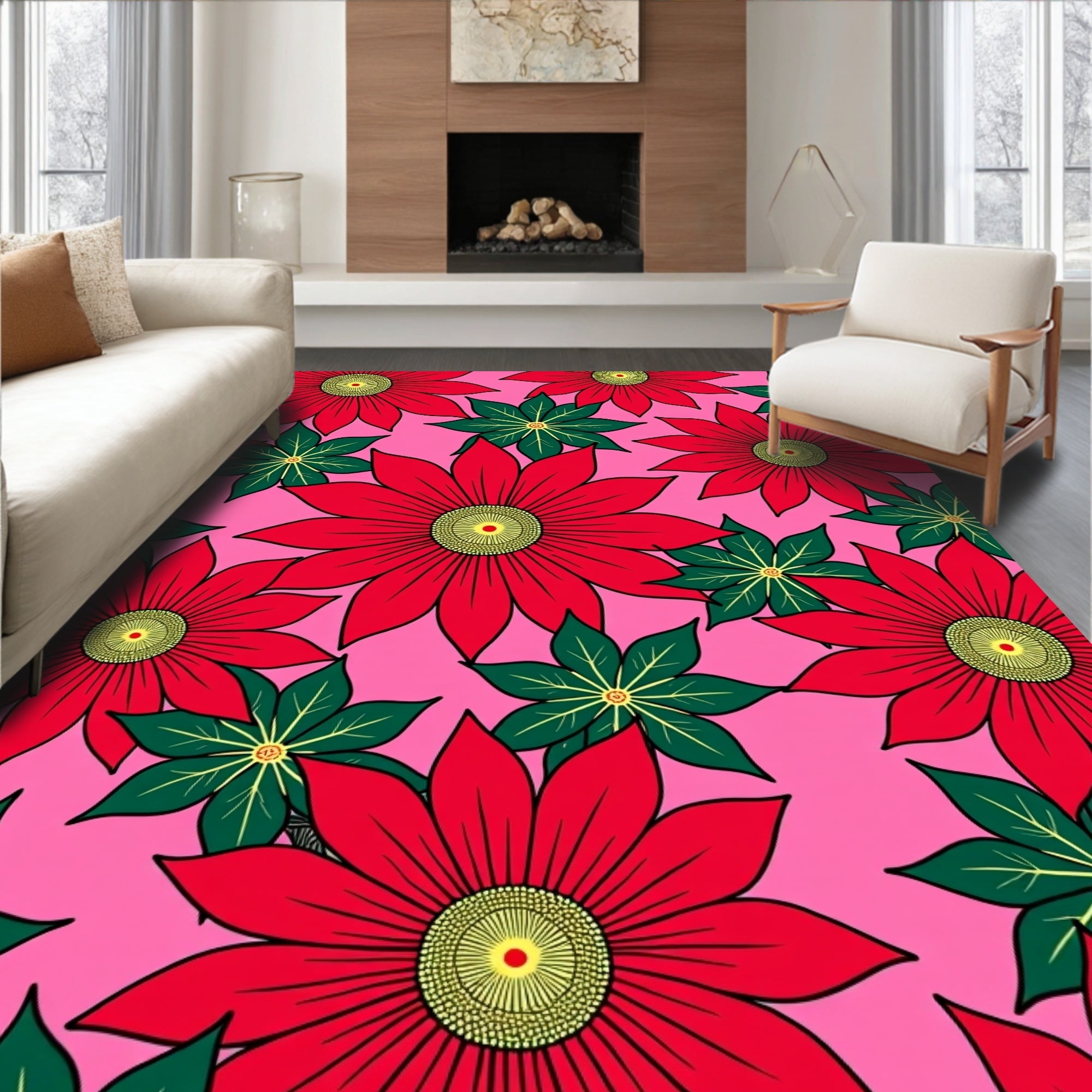 Pop Art Red Daisy Floral Pink Background Rug