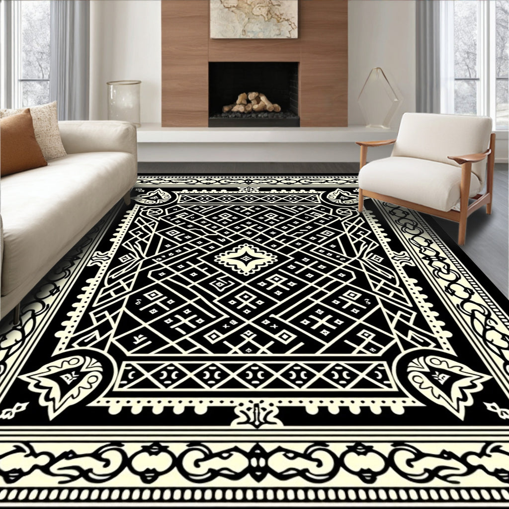 Black White Geometric Lattice Medallion Rug