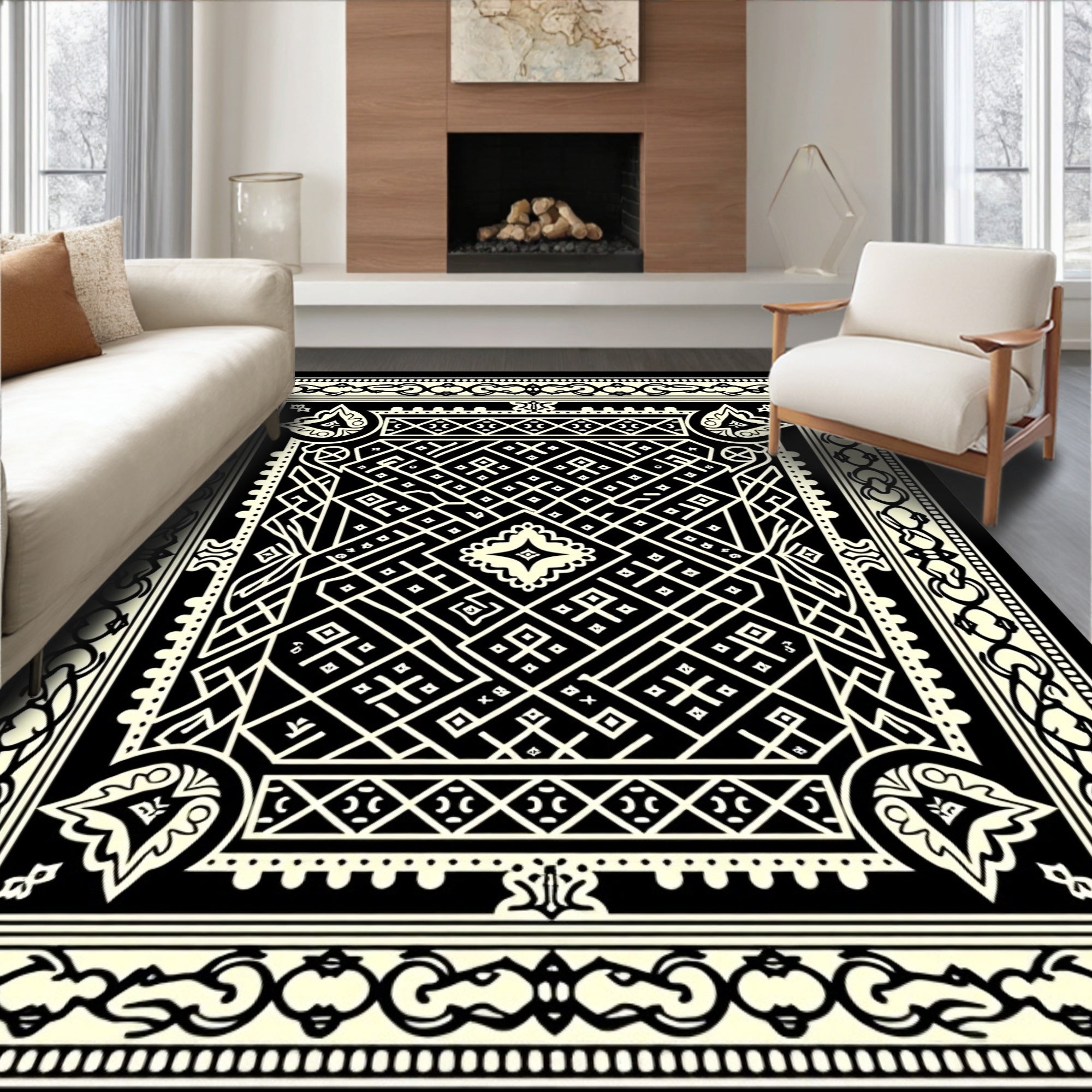 Black White Geometric Lattice Medallion Rug