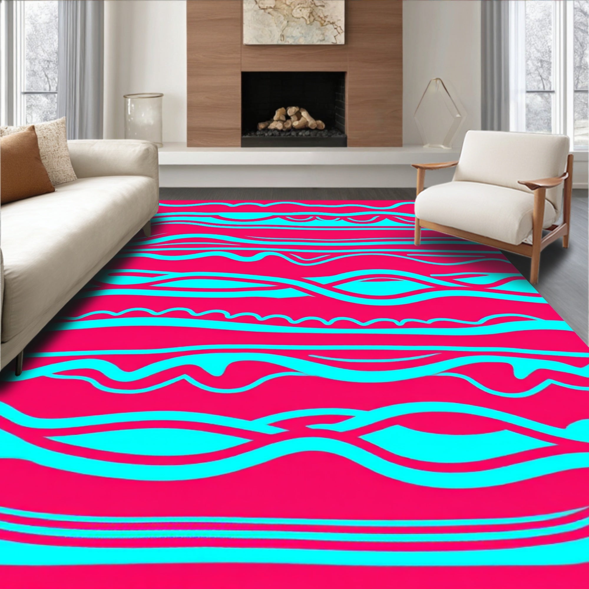 Vivid Cyan Waves on Hot Pink Rug