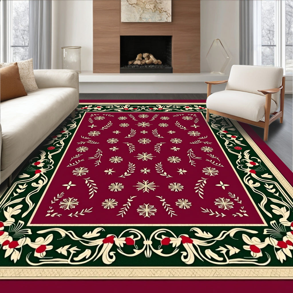 Crimson Floral Bordered Starburst Rug
