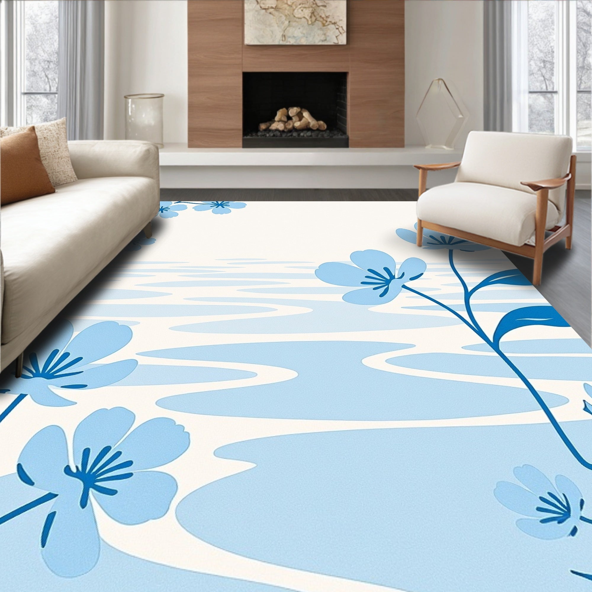 Light Blue Floral Water Ripple Rug
