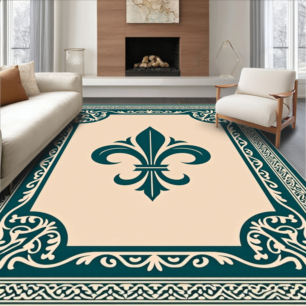 Teal Fleur De Lis Medallion Border Rug