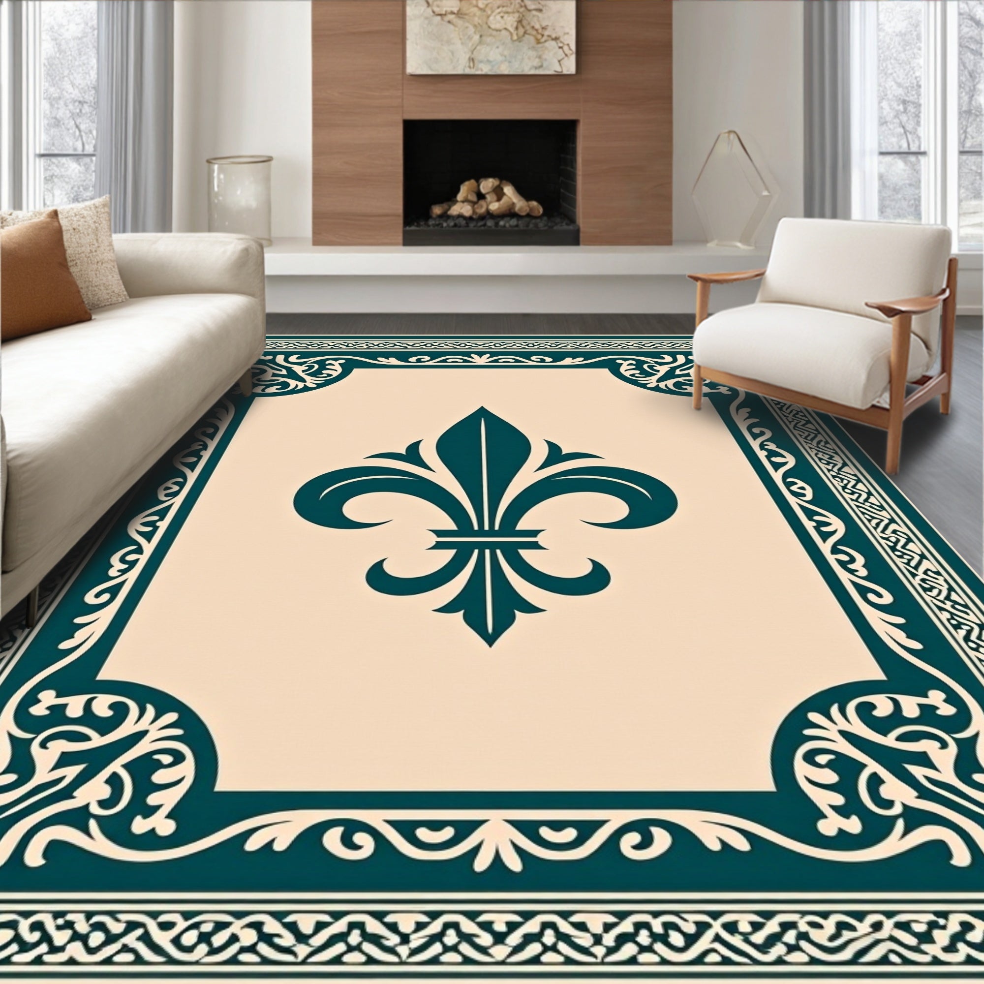 Teal Fleur De Lis Medallion Border Rug