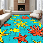 Playful Yellow Starfish Red Octopi Teal Rug