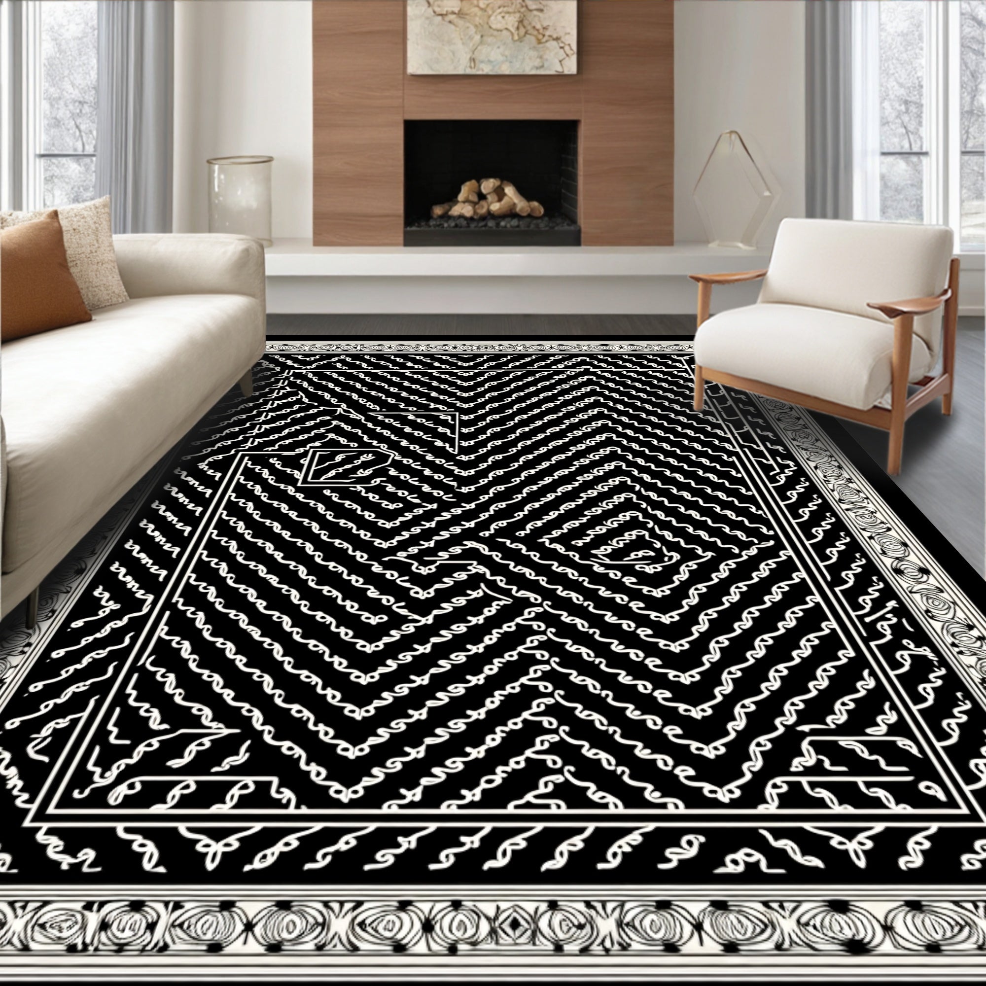 Black and White Geometric Maze Rug