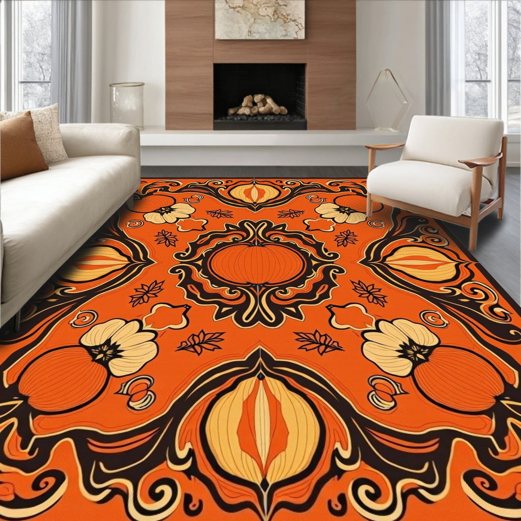Vibrant Orange Pumpkin Floral Mandala Rug