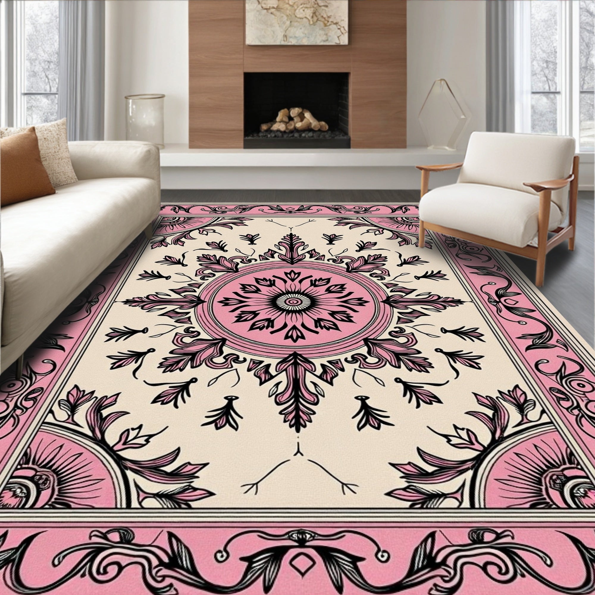 Pink Ivory Mandala Floral Medallion Rug