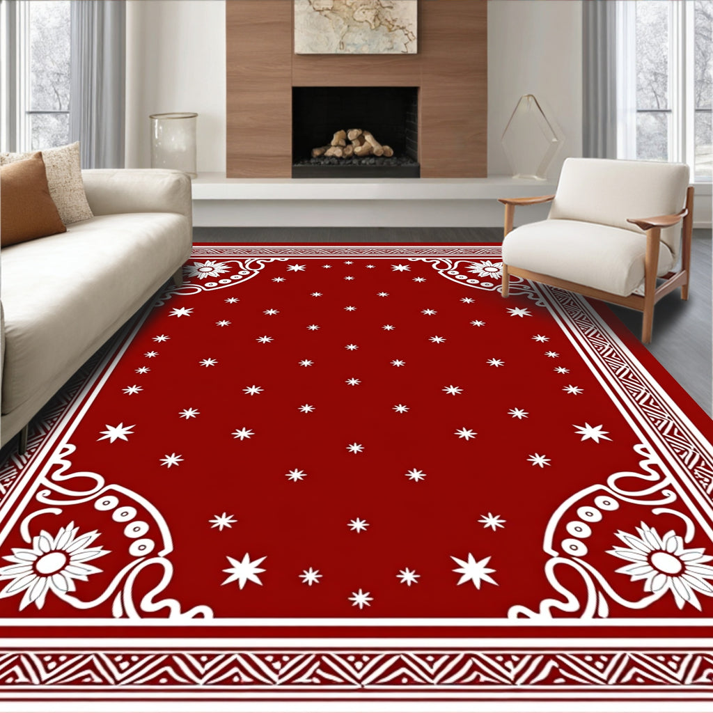 Deep Red Starburst Floral Border Rug