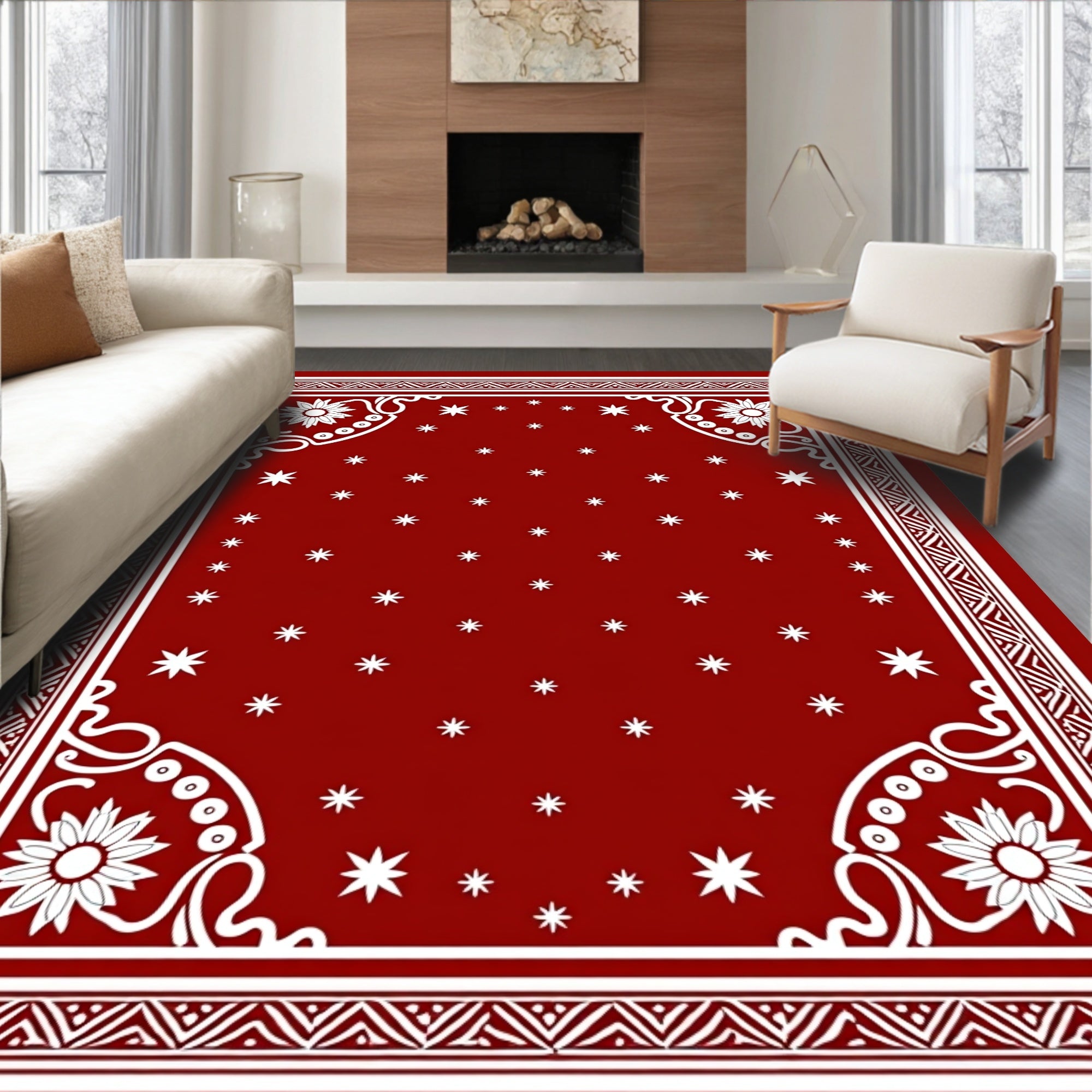 Deep Red Starburst Floral Border Rug