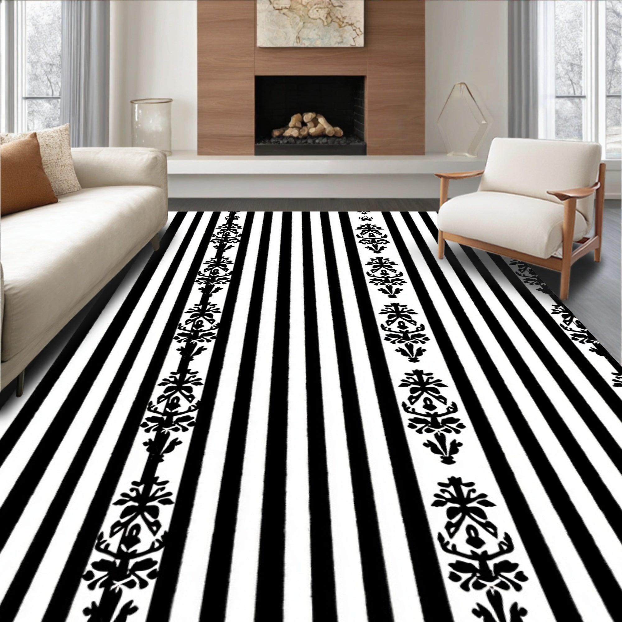 Chic Black White Vertical Stripe Panel Rug