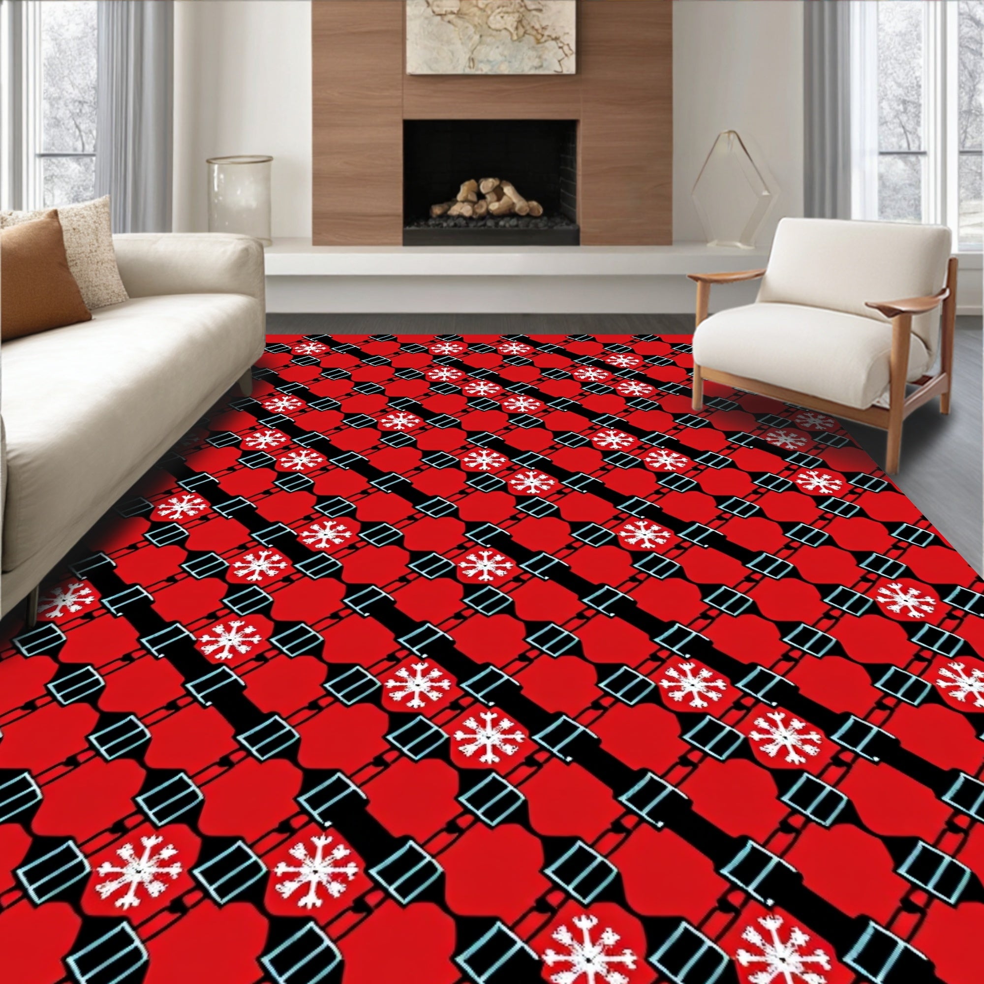 Red White Snowflake Geometric Lattice Rug