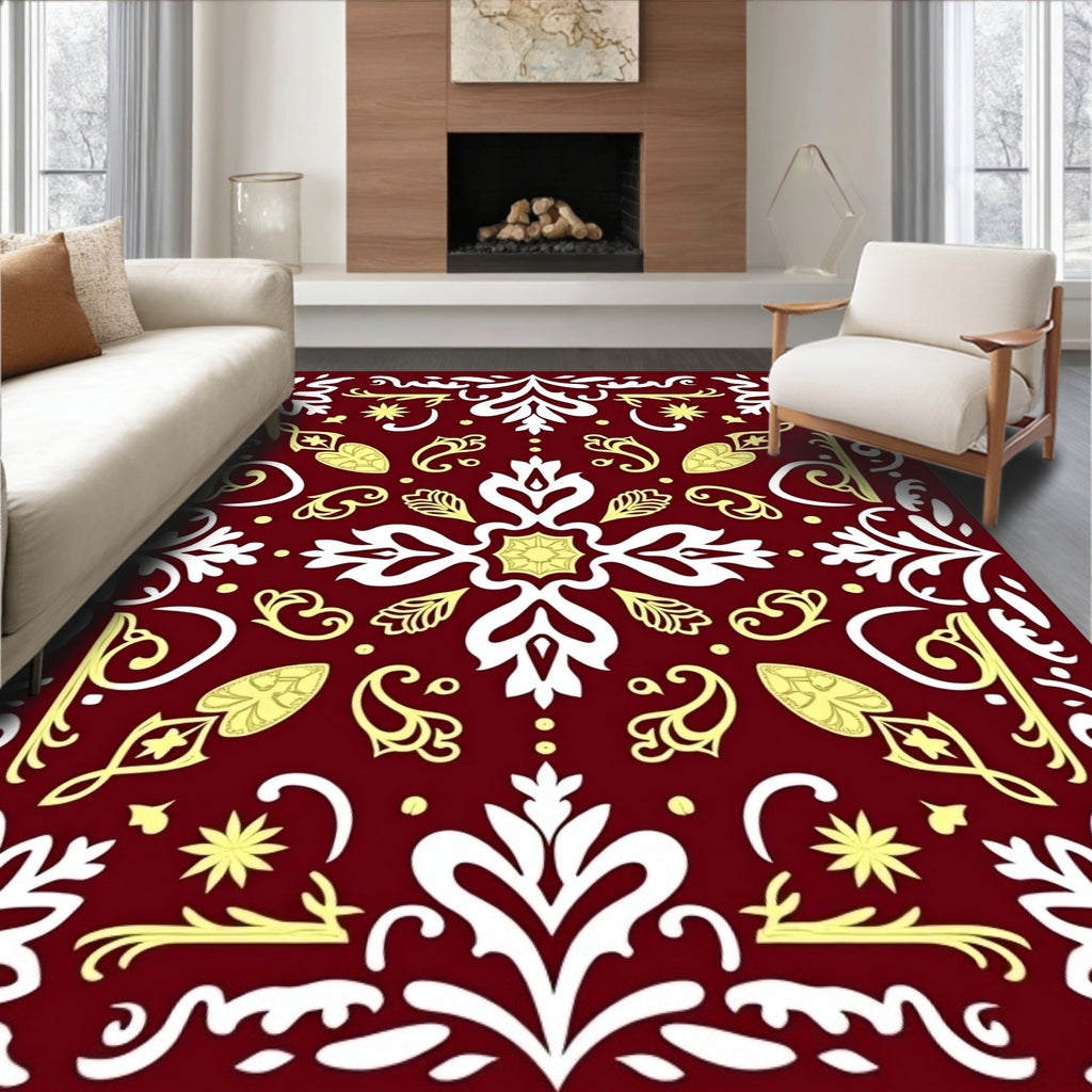 Deep Red Floral Medallion White Yellow Rug