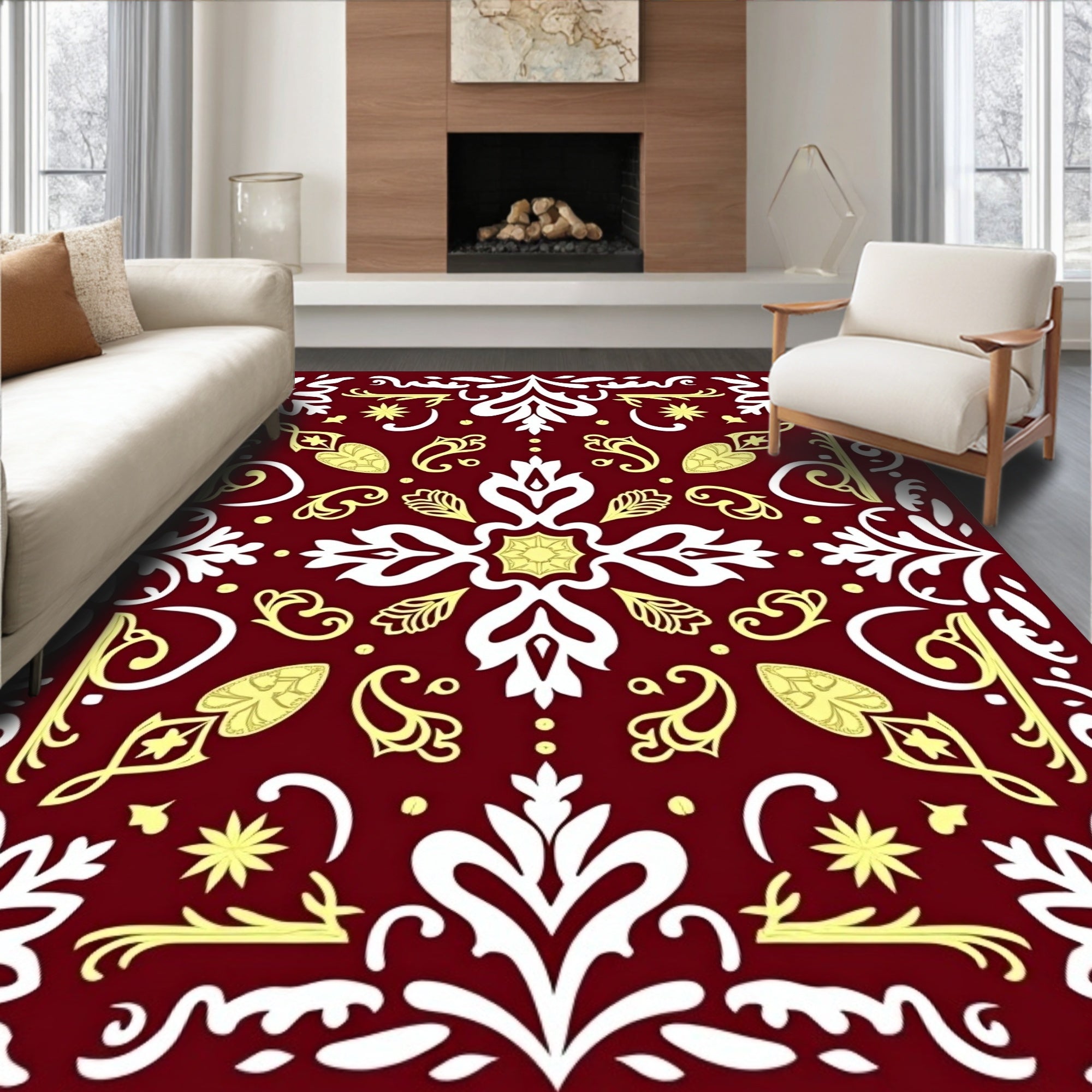 Deep Red Floral Medallion White Yellow Rug