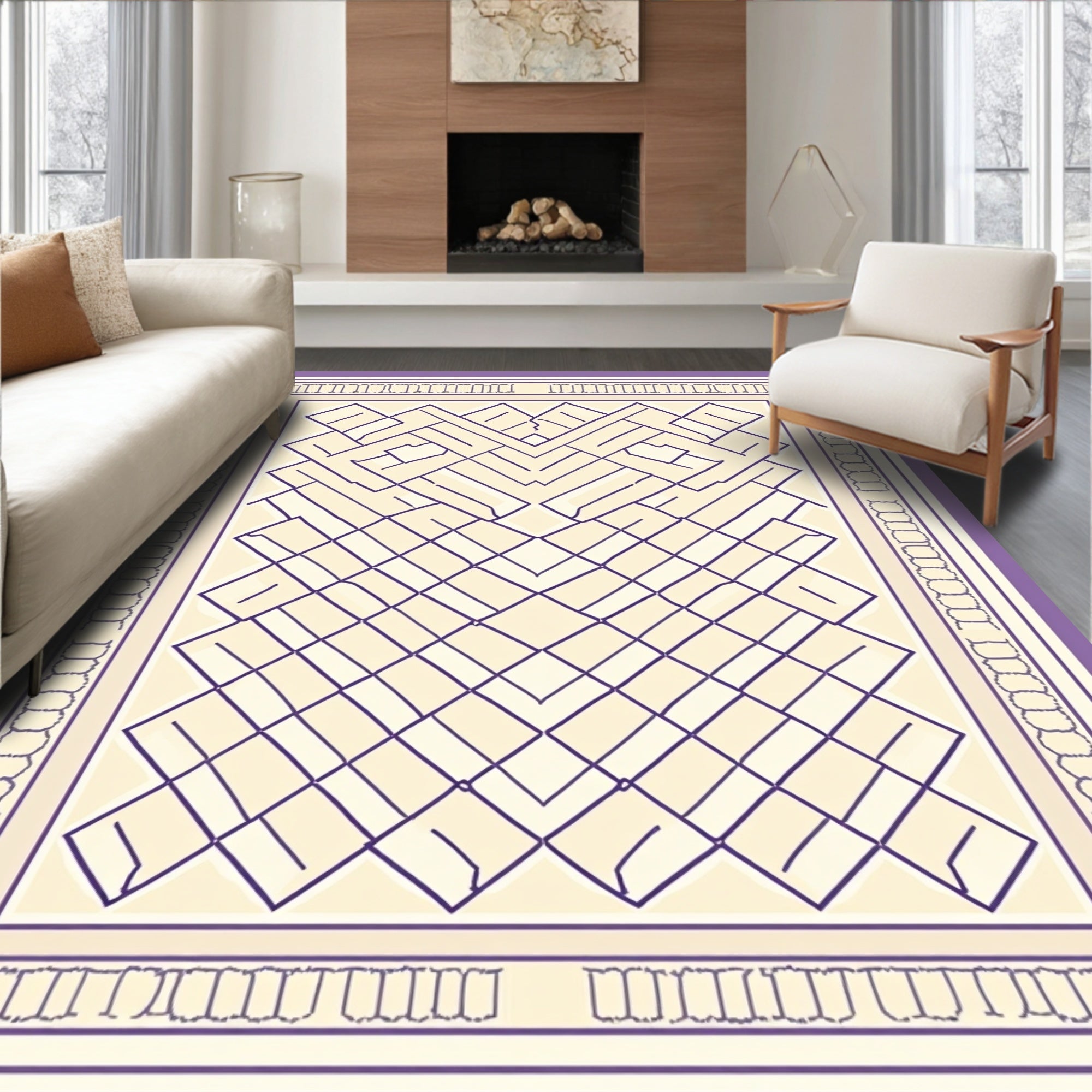 Purple Cream Geometric Maze Rug