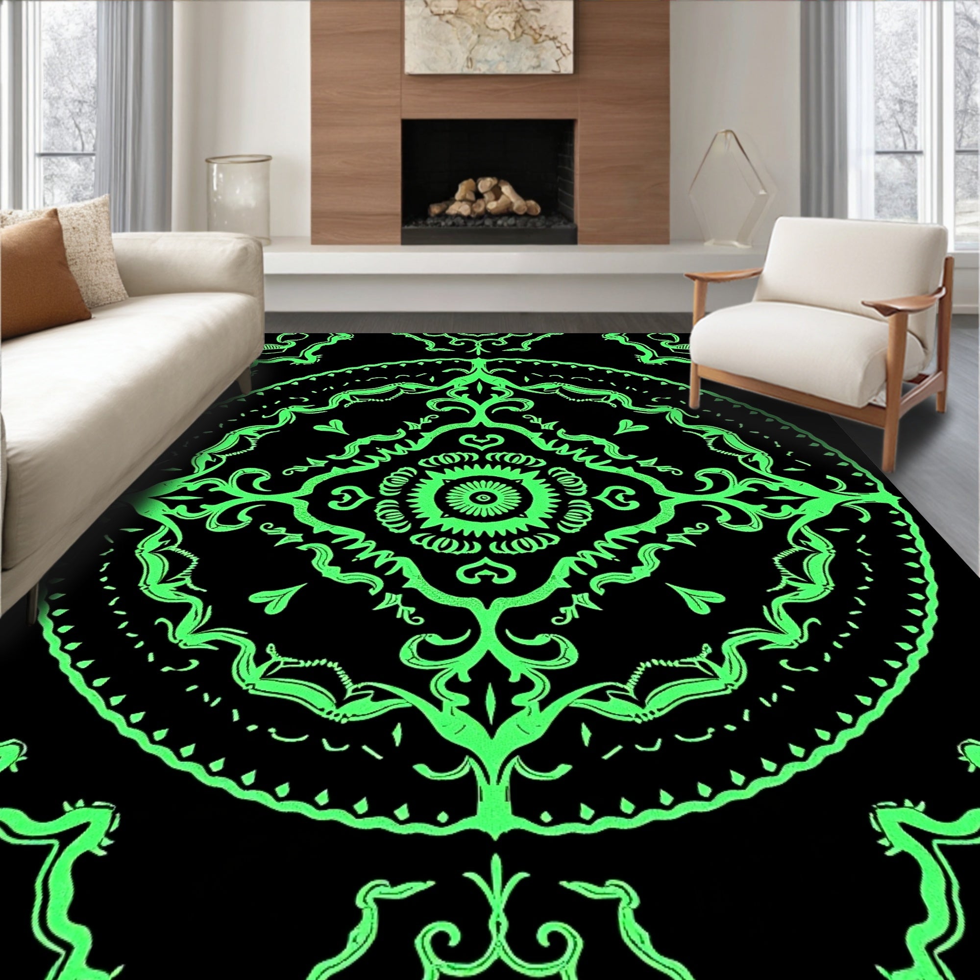 Neon Green Medallion Mandala Art Rug