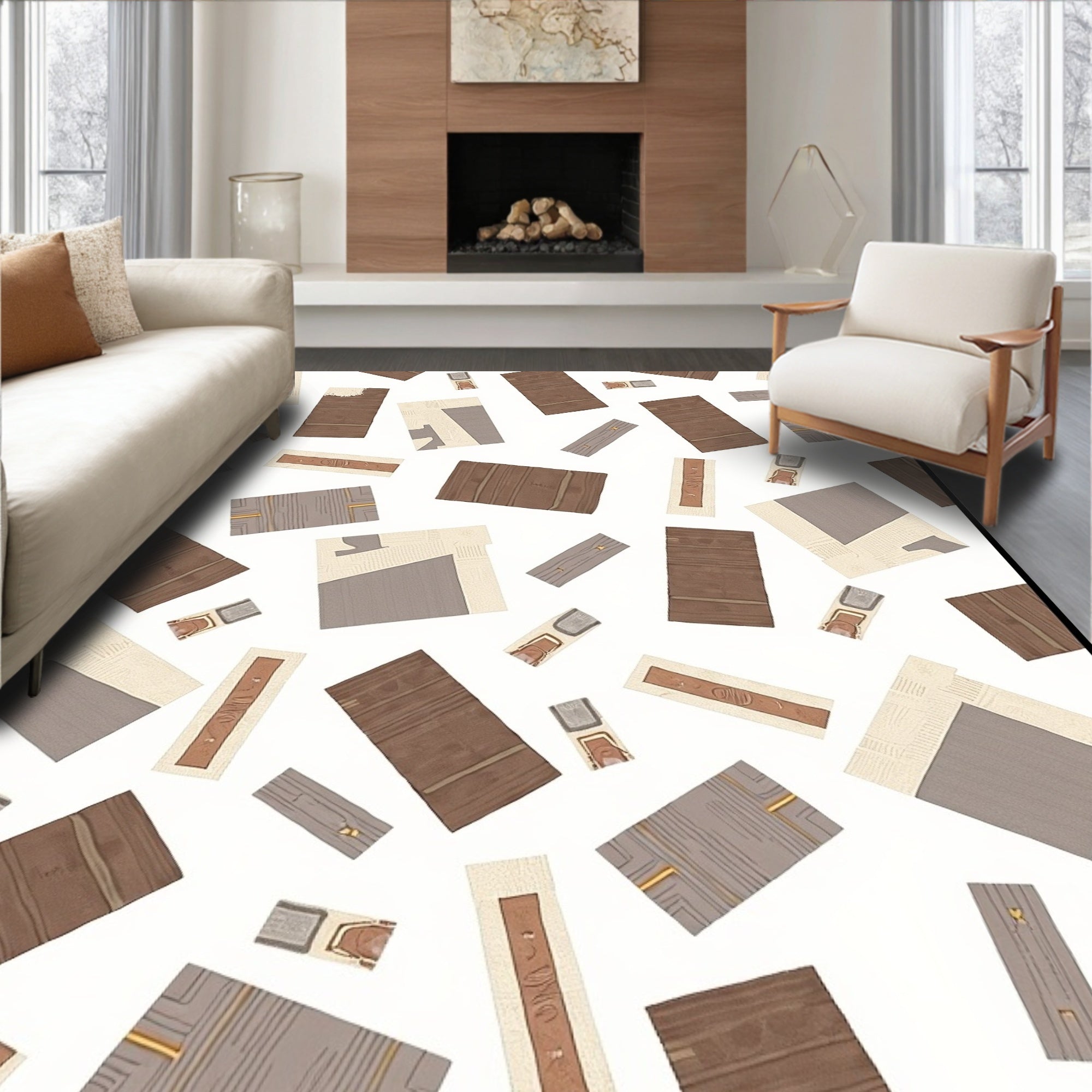 Brown Tan Earthy Wood Fragments Rug