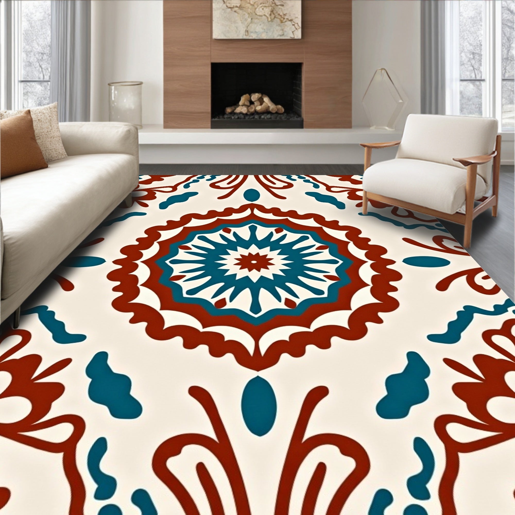 Crimson Teal Medallion Floral Art Rug