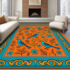 Orange Blue Birds Floral Border Rug
