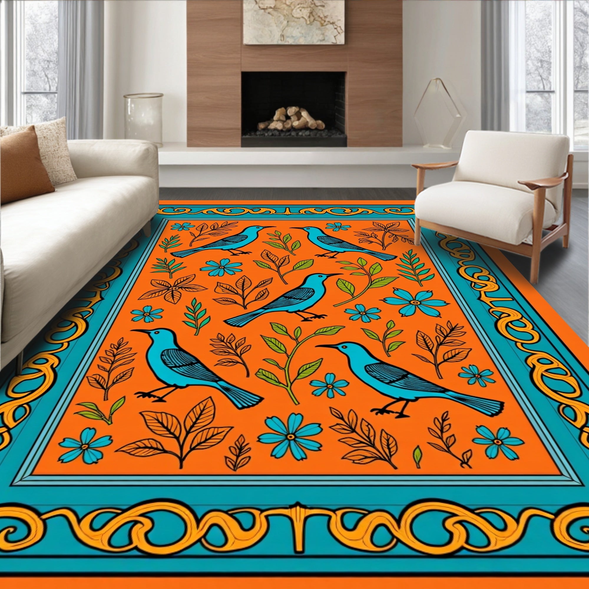 Orange Blue Birds Floral Border Rug