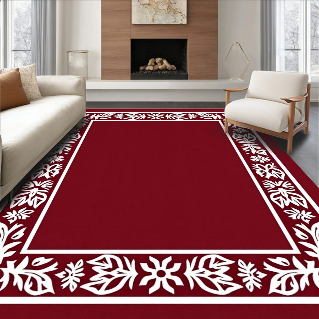Deep Red White Floral Border Rug