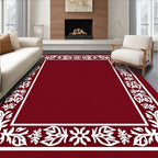 Deep Red White Floral Border Rug