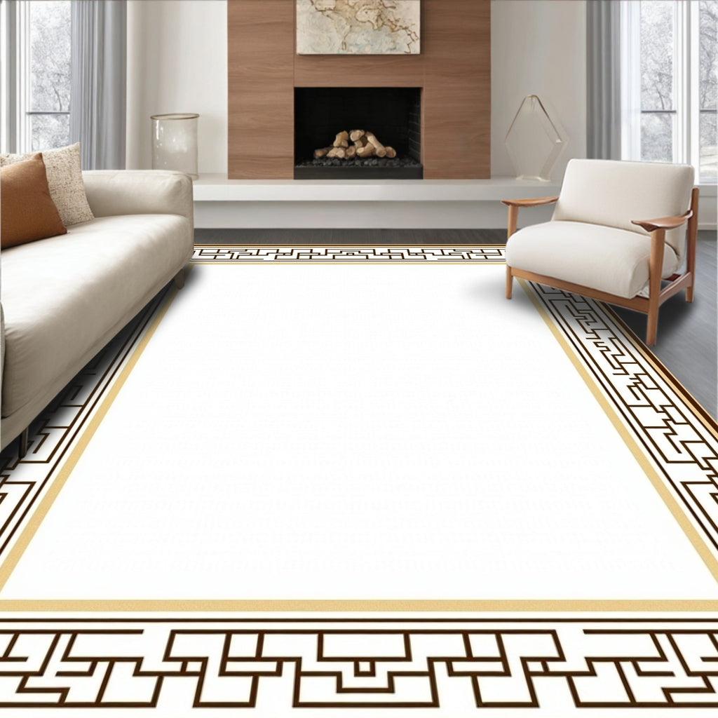 Brown Gold Greek Key Geometric Border Rug