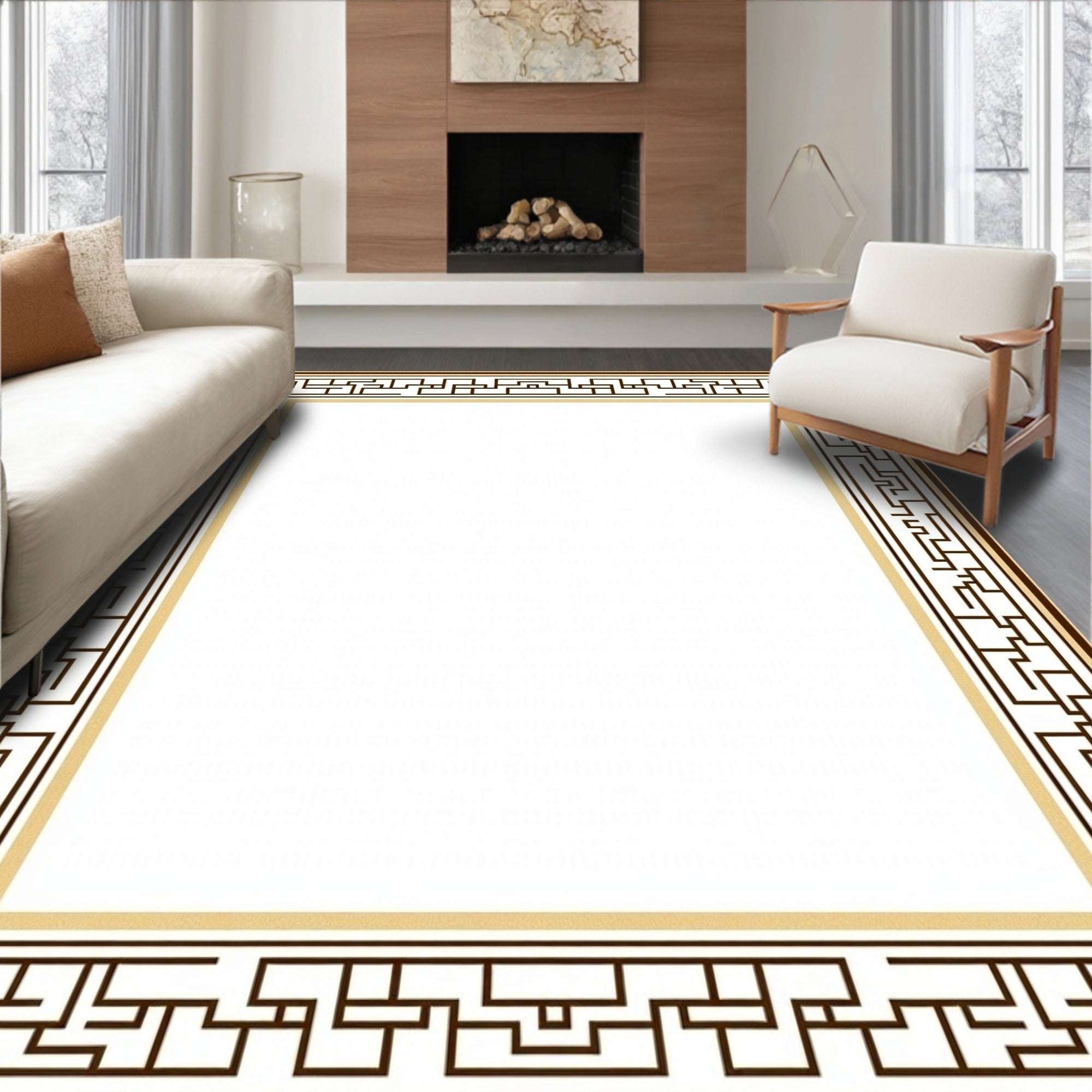 Brown Gold Greek Key Geometric Border Rug