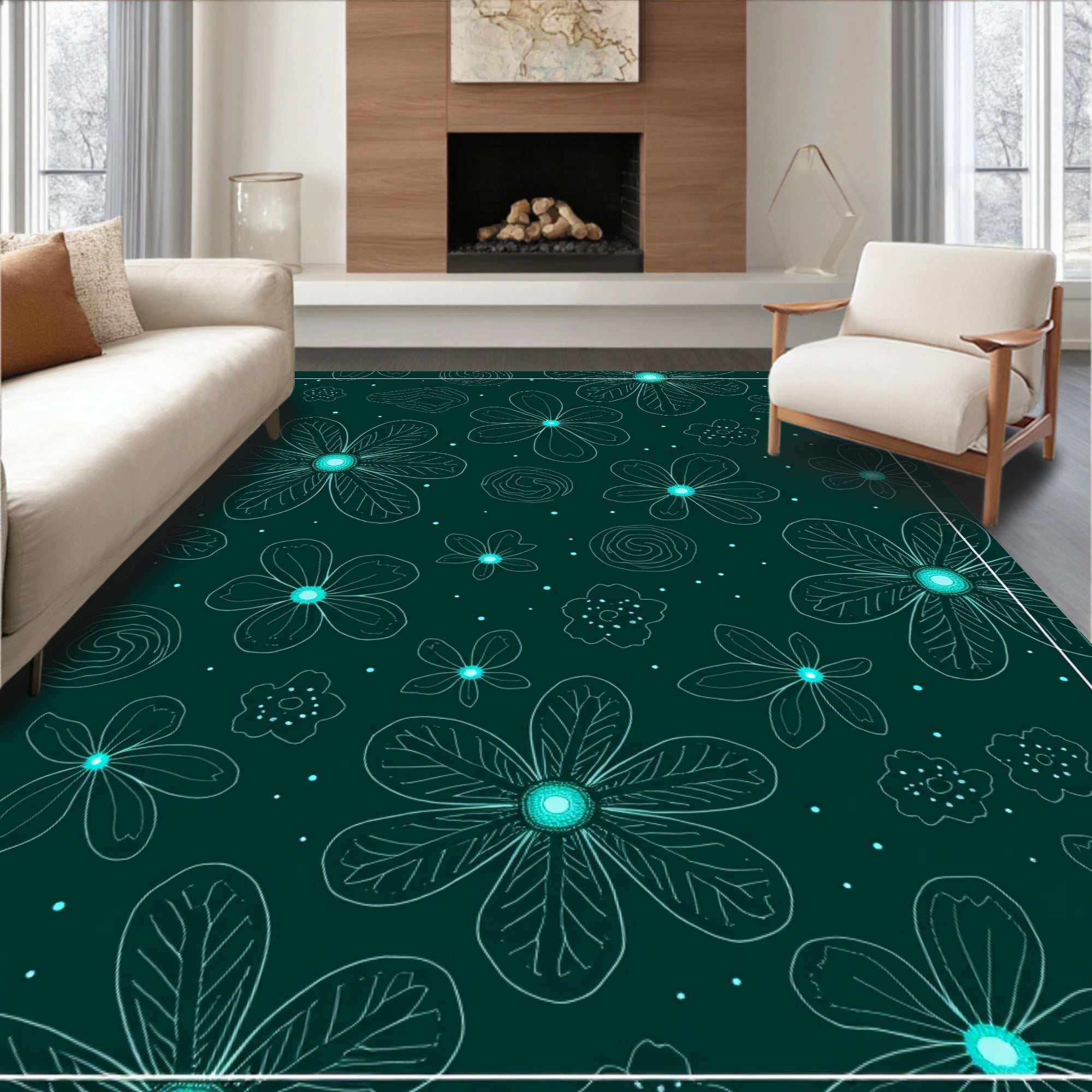 Teal Floral Outline Swirl Accent Rug