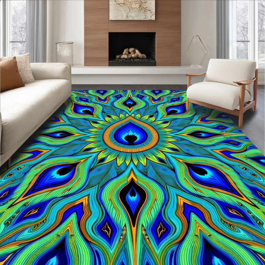 Emerald Blue Peacock Feather Medallion Rug
