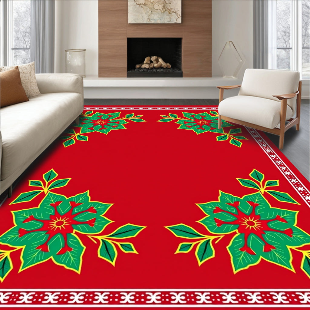 Festive Red Poinsettia Corner Garland Rug