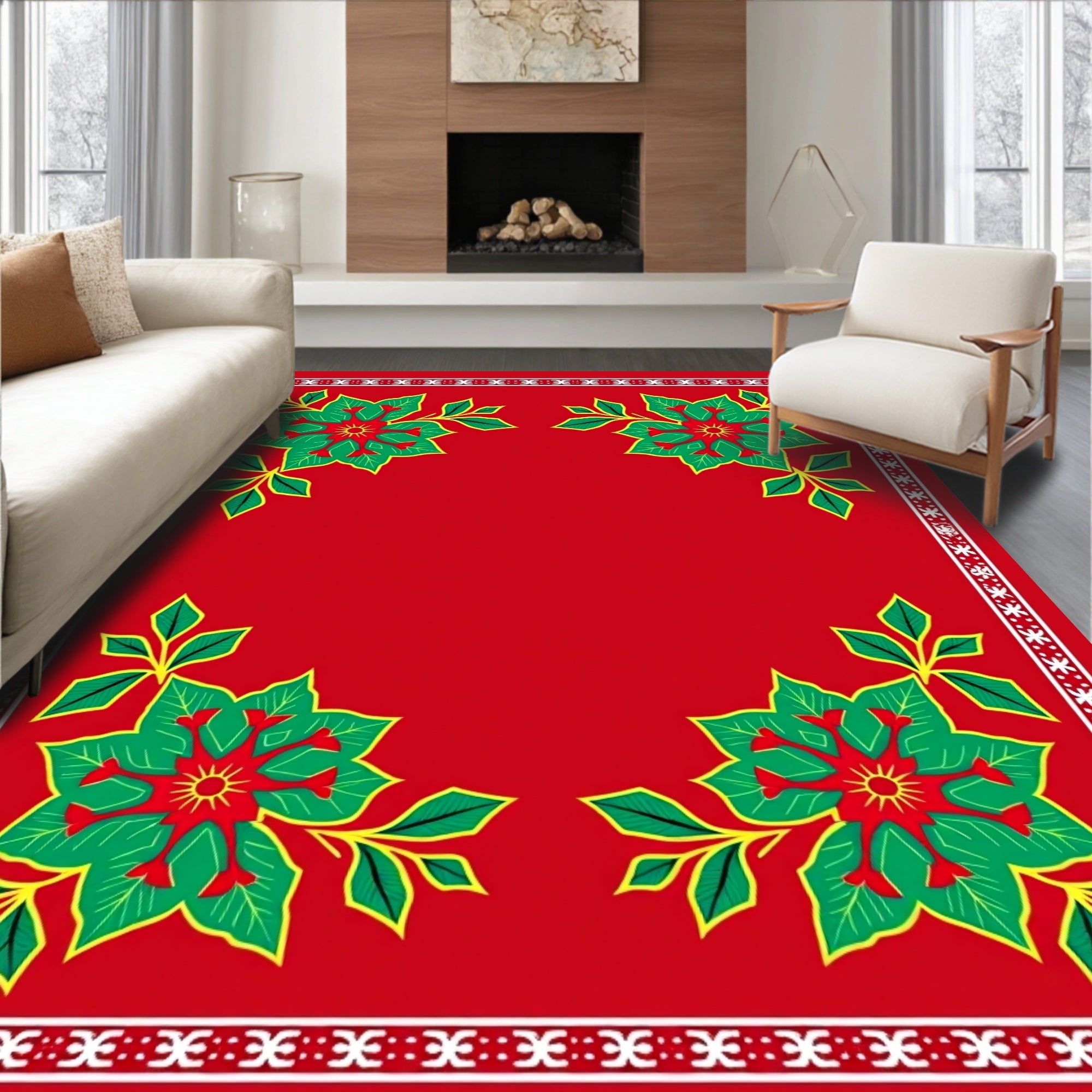 Festive Red Poinsettia Corner Garland Rug