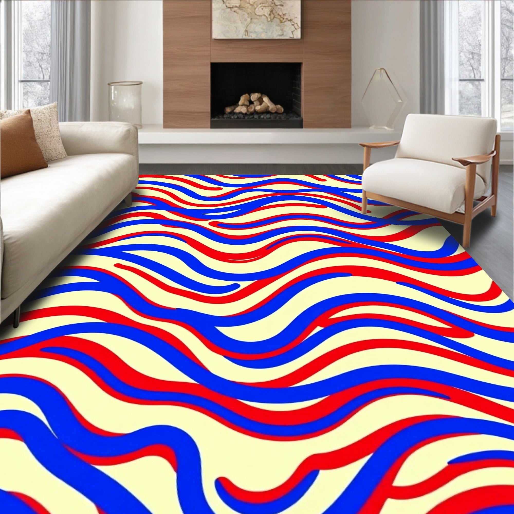 Red Blue Wavy Abstract Lines Rug