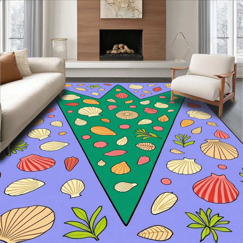 Coral Red Shells Green V Shape Rug