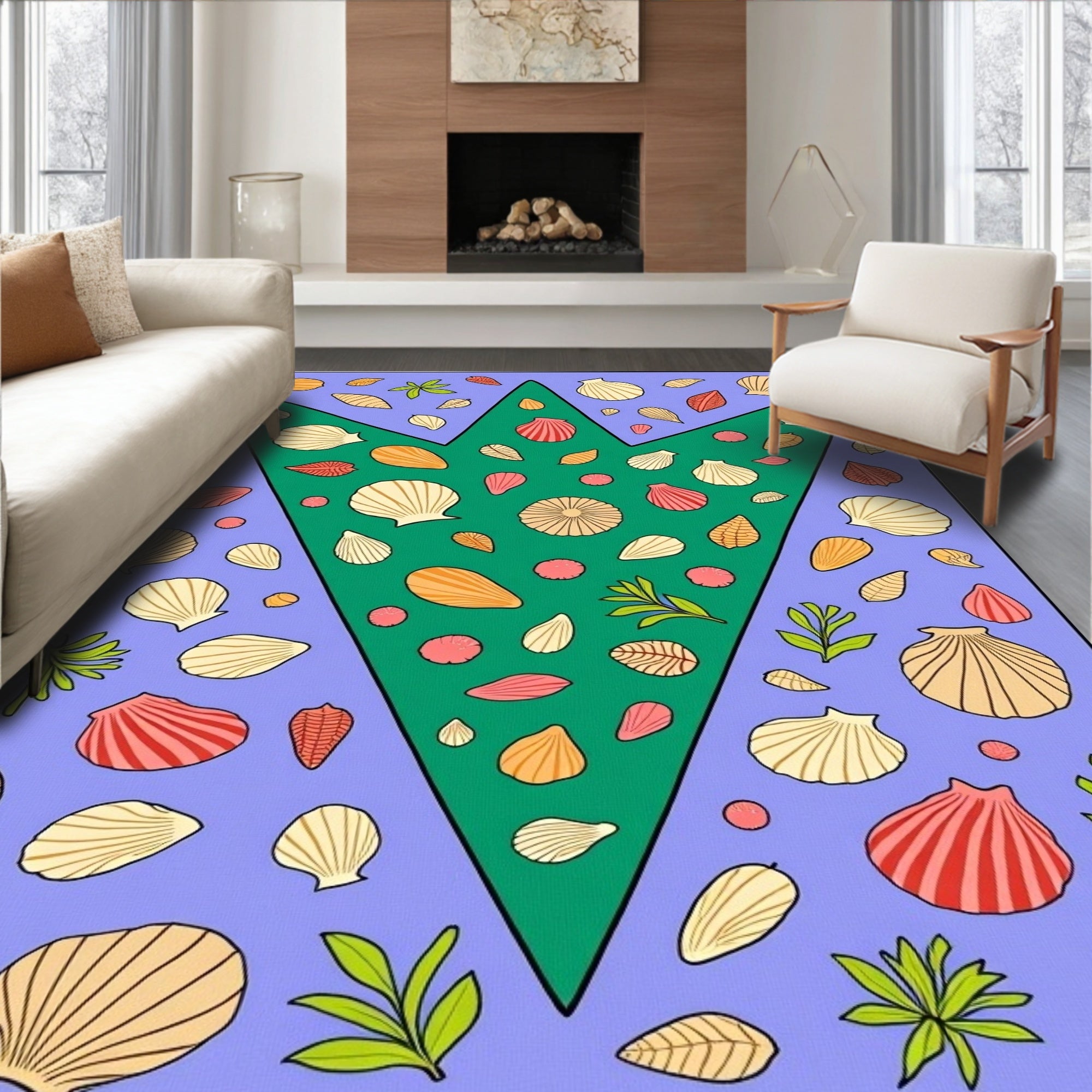 Coral Red Shells Green V Shape Rug