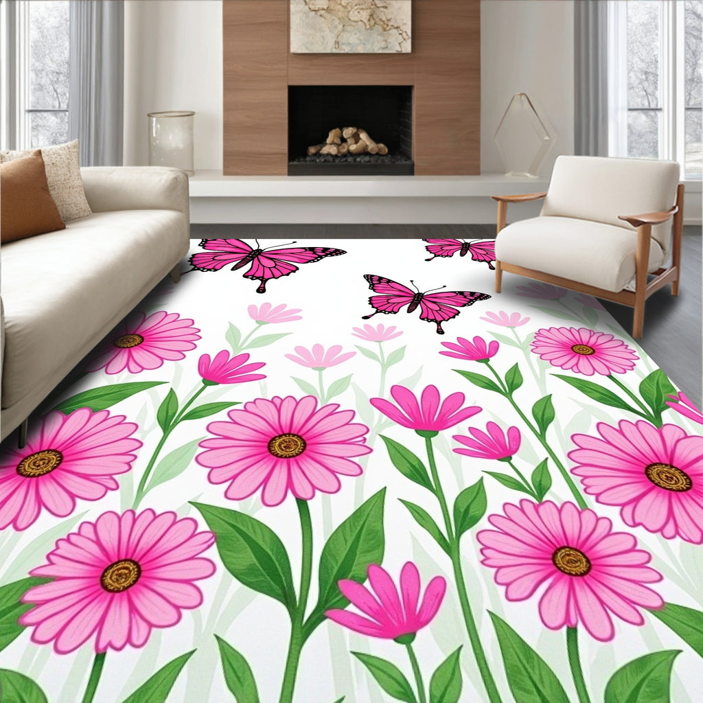 Pink Butterflies And Daisy Meadow Rug